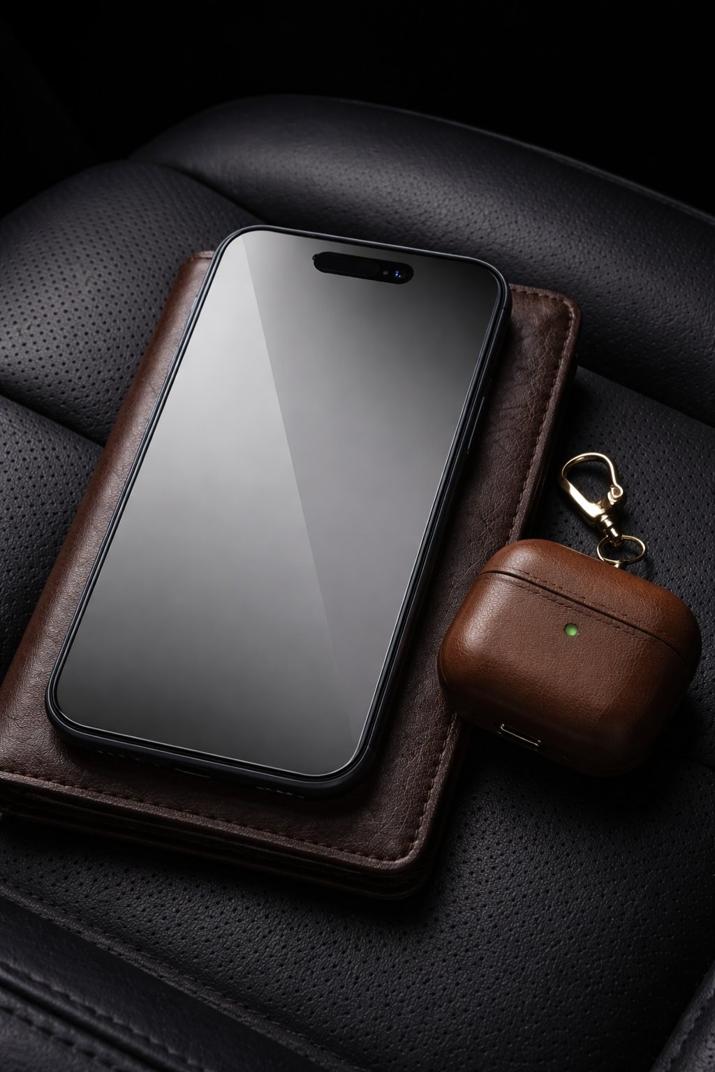 Smartphone met ELITE screenprotector naast leren accessoires